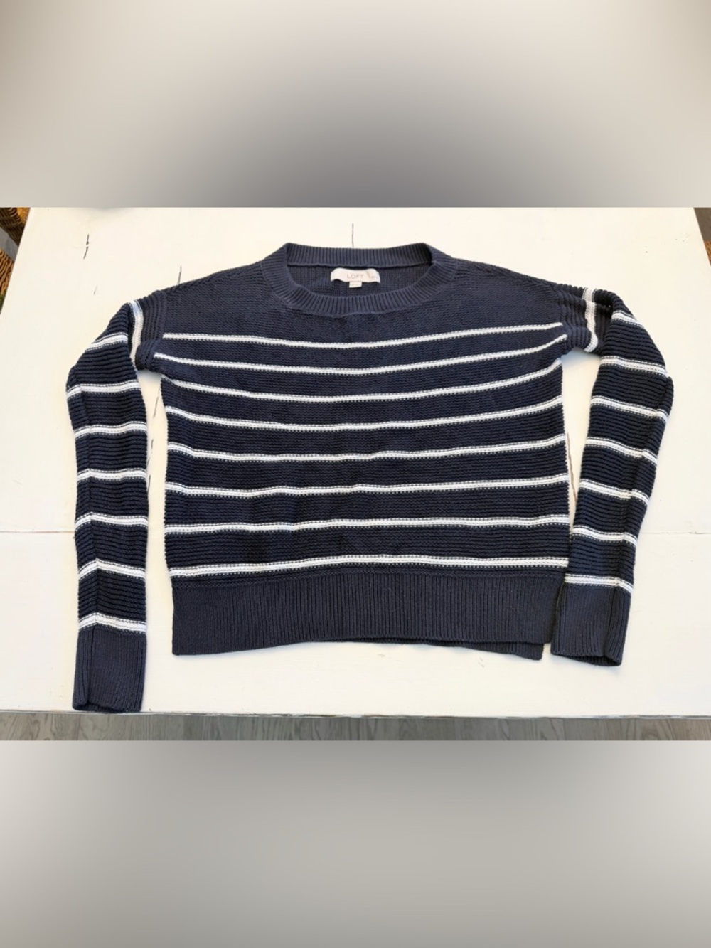 The Loft Petite Striped Navy & White Knit Sweater EUC